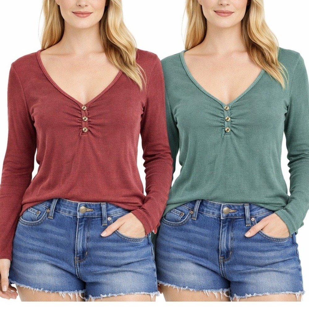 Arizona Jean Co MEDIUM (Set of 2) Henley Long Sleeve Women Earthy Ribbed Top